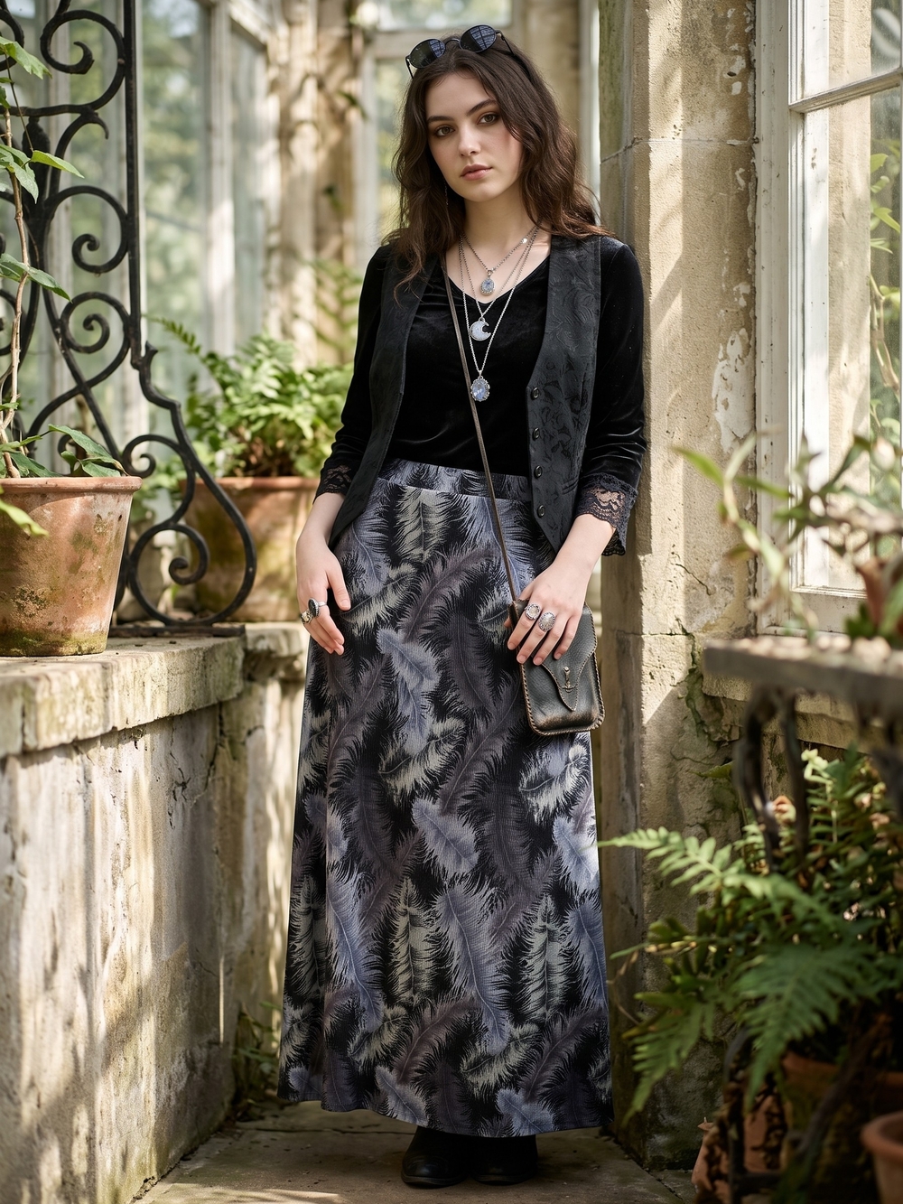 Vintage Whimsigoth Ribbed Pleated Feather Maxi Skirt Dark Fairy Grunge